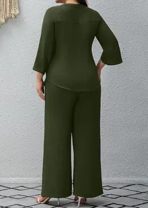 Back view of women's casual olive green two-piece set with 3/4 sleeve top and wide-leg pants