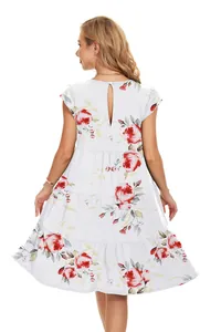 Elegant back view detail of a white tiered summer dress with red rose floral print