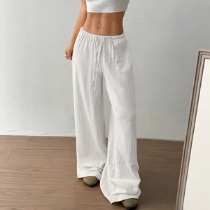 Casual white cotton wide-leg trousers for women with high waist drawstring closure