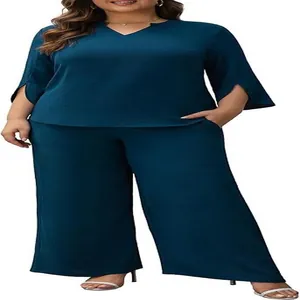 Elegant dark teal women's two-piece set featuring a V-neck top and wide-leg trousers