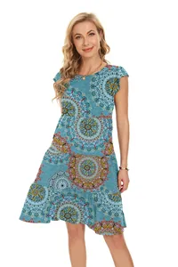 Summer mandala print dress showing flutter sleeves and casual A-line swing silhouette