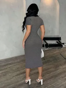 Elegant back view of a black and white striped short-sleeved POLO collar bodycon midi dress