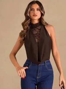 Detailed view of dark brown halter bodysuit featuring lace mesh and cowl neck design