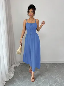 Detail of blue camisole midi dress with shirred waist and drawstring bust