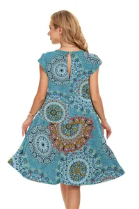 Back view of summer blue dress with colorful mandala print and tiered cake skirt