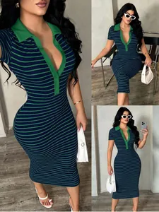 Detailed view of a striped green and navy bodycon midi dress with a polo collar