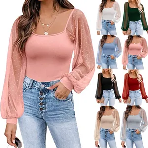 Top da Donna con Maniche a Lanterna Trasparenti Scollo Quadrato Patchwork in Rete a Pois Vestibilità Slim Pullover Streetwear T-Shirt Casual
