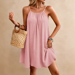 Élégante robe d'été rose sans manches, coupe ample et tissu texturé pour femme
