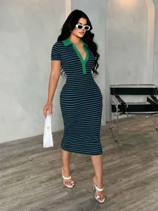 Elegant striped polo collar bodycon midi dress with short sleeves and slim fit design