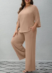 Elegant khaki two-piece set featuring split-sleeve V-neck top and wide-leg pants