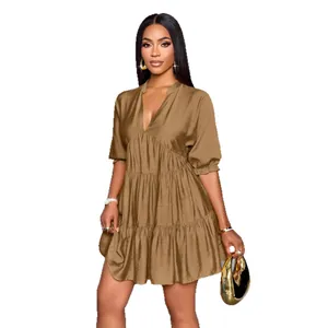 Elegant brown deep V-neck tiered mini dress with puff sleeves for women style