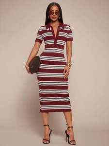 Slim fit burgundy striped polo collar midi dress with short sleeves and front buttons.