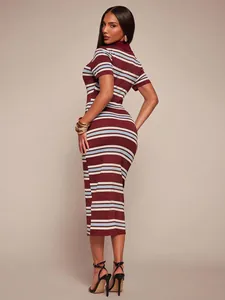 Slim fit striped polo collar dress with burgundy and blue horizontal patterns
