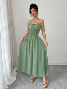 Elegant sage green smocked waist cami maxi dress with drawstring detail for women