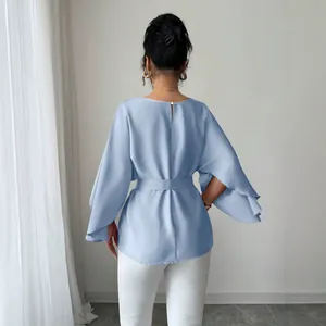 Elegant French style light blue bell sleeve blouse with round neck and adjustable waist belt