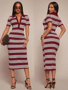 Bodycon striped polo dress for women in burgundy with white and light blue accents