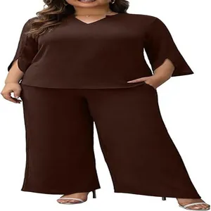 Brown two-piece set featuring V-neck split sleeve top and wide-leg trousers