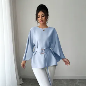 Elegant French retro style light blue bell sleeve blouse with adjustable belt for women