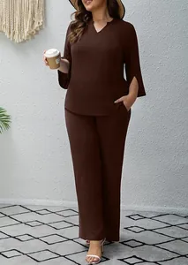 Elegant brown two-piece set featuring V-neck tunic top and matching wide-leg trousers