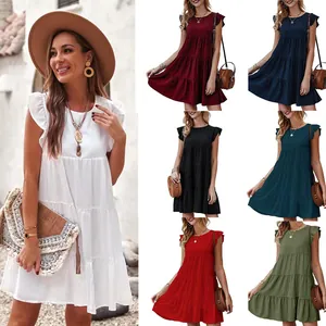 Women Summer Solid Color Round Neck Cotton Blend Tiered Mini Dress Pleated Short Flutter Sleeve Casual Swing Tiered Sundress