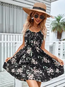 Robe d'été sans manches à imprimé floral, taille élastique, motif fleurs roses et noires