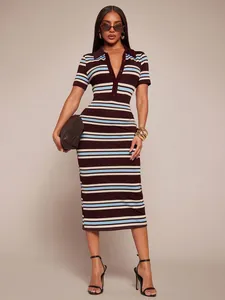 Elegant brown striped polo neck bodycon midi dress for women featuring a slim fit silhouette