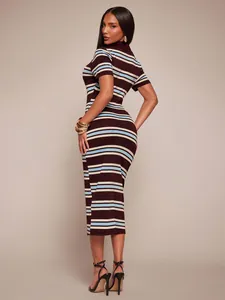 Detailed back view of a fitted brown and blue striped polo collar bodycon midi dress