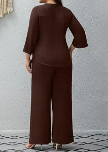 Back view of a fashionable dark brown two-piece casual set featuring textured wide-leg pants