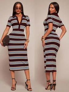 Detailed view of a slim fit striped polo midi dress on a model showing front and back