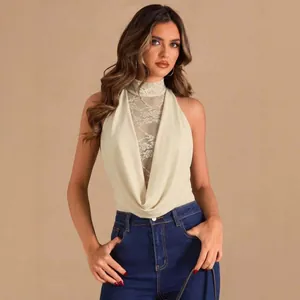 Elegant cream-colored halter high neck bodysuit featuring lace mesh and cowl neck