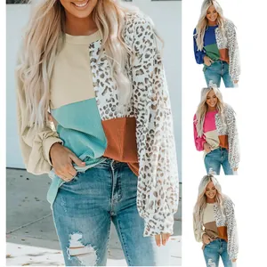 Haut en Polyester Décontracté pour Femmes Bloc de Couleur Imprimé Léopard Tricot Pull Manches Longues Streetwear Mode Col Rond Pull pour Automne Hiver