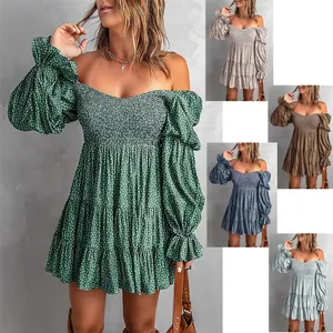 Vestito Midi da Donna Spalle Scoperte Floreale Vita Arricciata Sexy Manica a Lanterna a Strati Linea ad A Boho Casual Top And Bottom