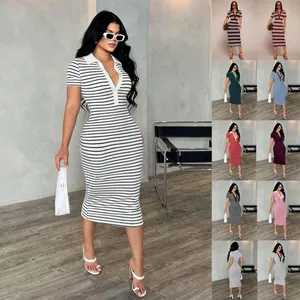 Women Polo Collar Striped Midi Bodycon Dress Short Sleeve Slim Fit Sexy Streetwear Casual Polyester Ribbed Knit Dress