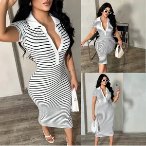 Elegant black and white striped POLO collar bodycon midi dress for women