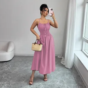 Elegant pink smocked camisole midi dress with pleated waist for women's summer fashion