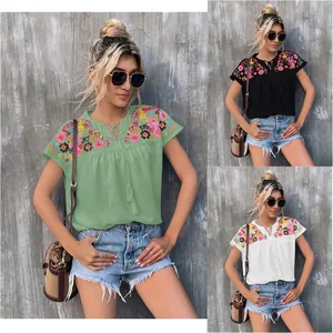 Women Bohemian Embroidered Blouse Tassel Tie V Neck Batwing Sleeve Loose Polyester Casual Summer Shirt Top