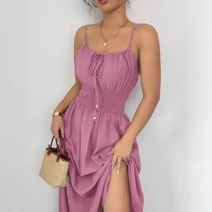 Mauve sleeveless camisole maxi dress with smocked waist and drawstring front detail