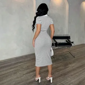 Elegant slim fit black and white striped polo collar midi dress for modern women