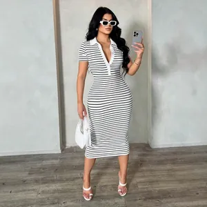Stylish black and white striped bodycon midi dress featuring a white polo collar design