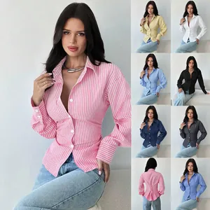 Women Striped Lapel Single Breasted Shirt Slim Fit V Neck Long Sleeve Top Back Lace Up Waist Tie Blouse