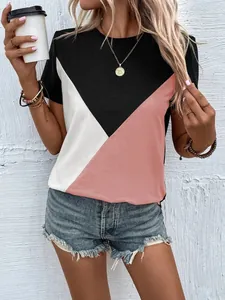 Lässiges Damen-T-Shirt mit Rundhalsausschnitt und rosa-weißem Farblock-Design