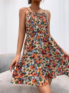 Robe courte élégante sans manches à imprimé fleuri avec dos nu et taille élastique