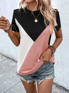 Lässiges Damen T-Shirt mit dreifarbigem Blockdesign, Rundhals und Kurzarm