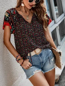 Blouse bohème à fleurs col en V manches courtes pour femmes style ethnique décontracté