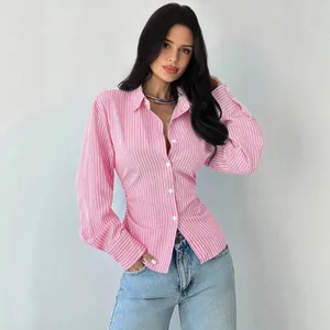 Stylish pink striped long sleeve slim fit button-up shirt for women, elegant casual look.
