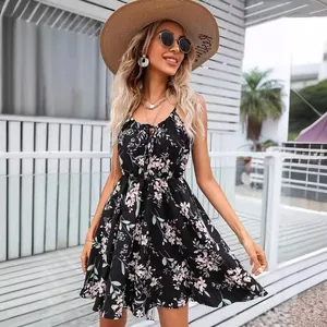 Robe d'été élégante sans manches à imprimé fleuri avec bretelles et taille élastique