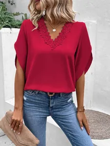 Red lace V-neck loose blouse with elegant short bell sleeves for summer fashion outfits