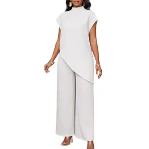 Elegante conjunto de dos piezas blanco para mujer con top sin mangas y pantalones anchos