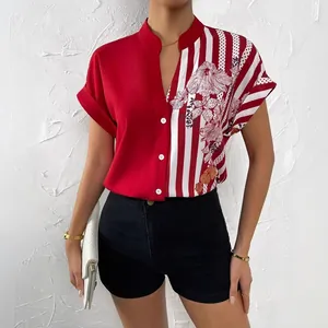 Chemise d'été élégante à fleurs et blocs de couleurs pour femmes