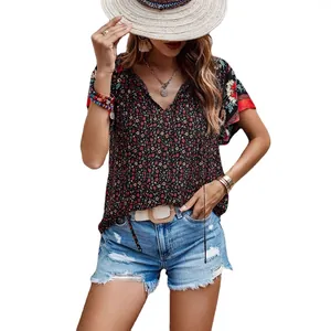 Blouse d'été vintage pour femme à imprimé floral ethnique, col en V et manches courtes